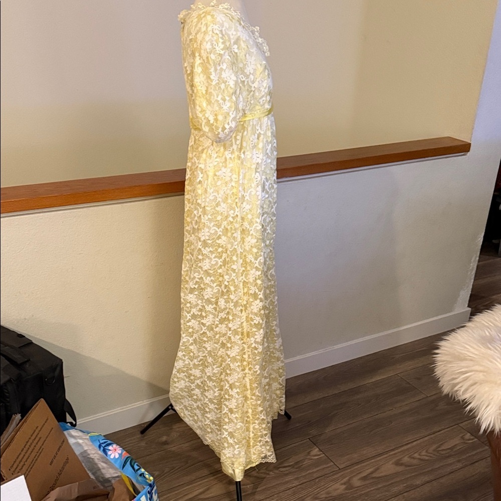 Vintage 1960s Yellow Taffeta Floral Overlay Prom Dress | Puffed Sleeves  Gown - Picture 6 of 16
